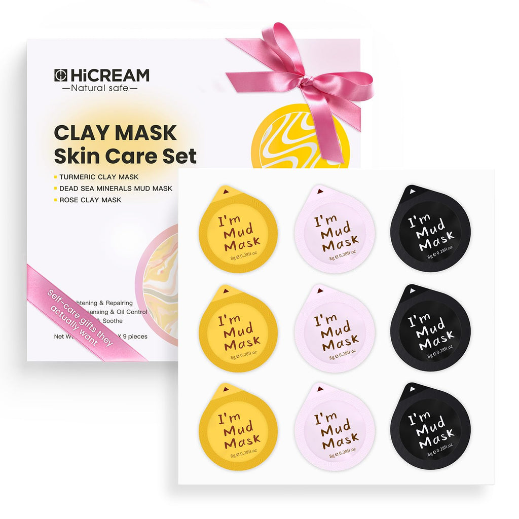 Hicream 9-Pack Clay Mask Set – Turmeric, Rose & Dead Sea Minerals – Travel-Friendly Skincare Gift