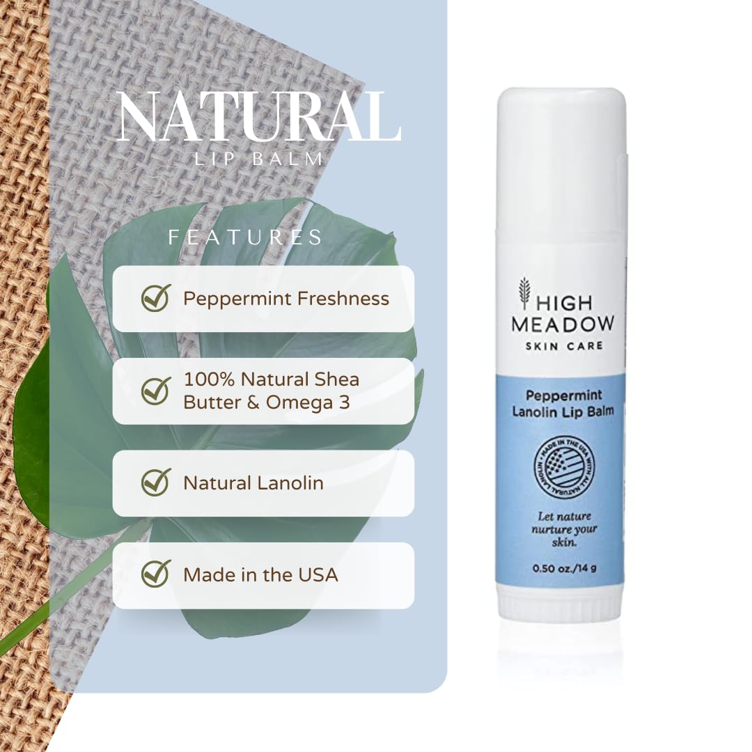 High Meadow Peppermint Lanolin Lip Balm Stick – Long-Lasting Moisture for Dry Lips (Travel Size)