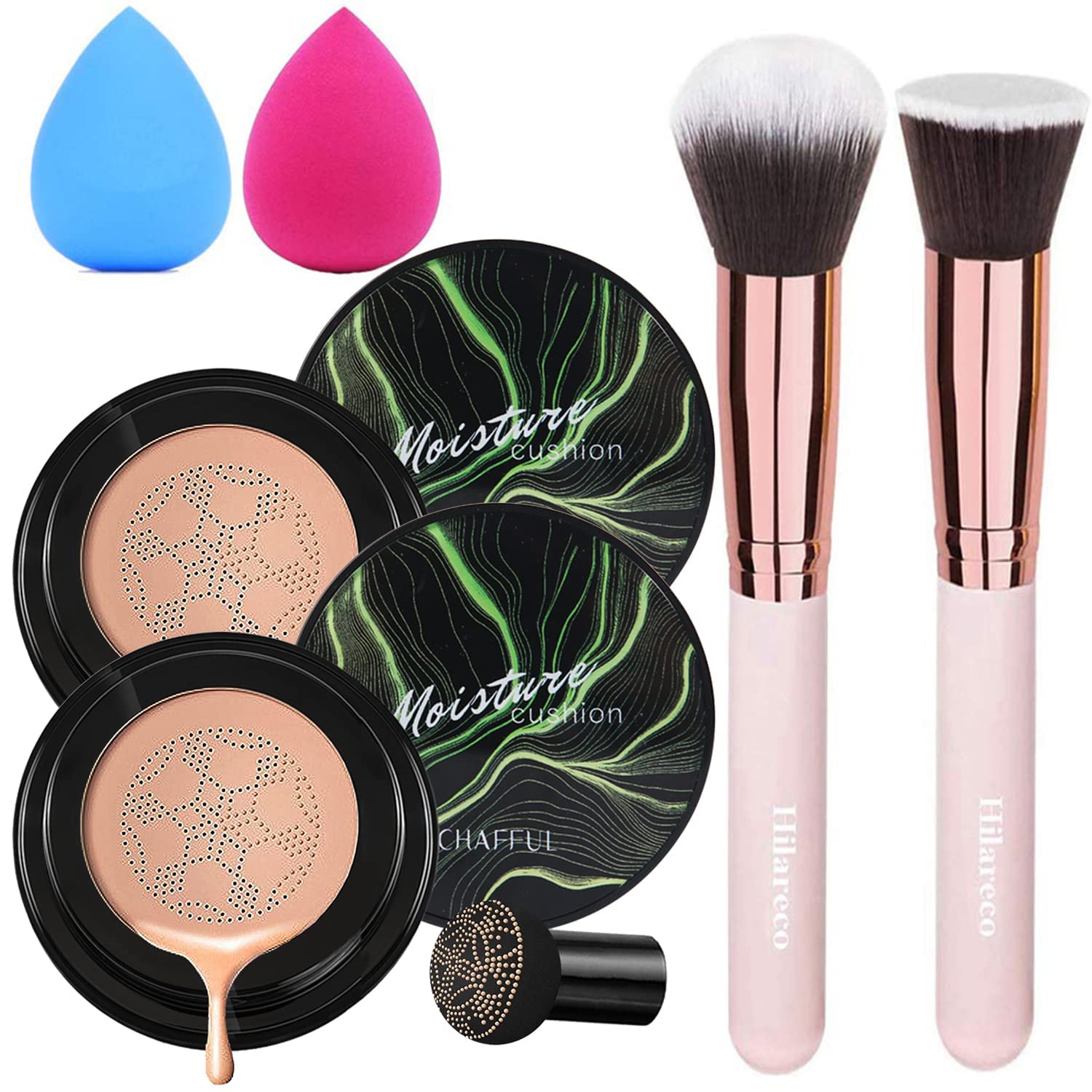 Hilareco 2-Piece Mushroom Head Air Cushion CC Cream Set – Nature Foundation, Brushes, Sponge (#05 Sand)