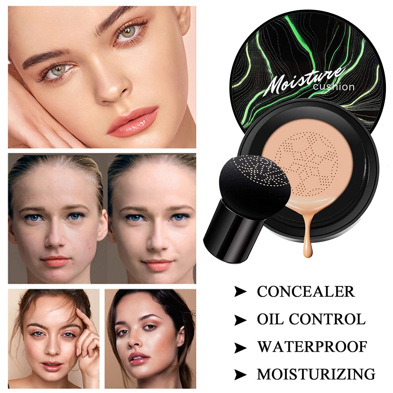 Hilareco Mushroom Head Air Cushion CC Cream Natural Foundation (02 Natural) – Sponge & Kabuki Brush