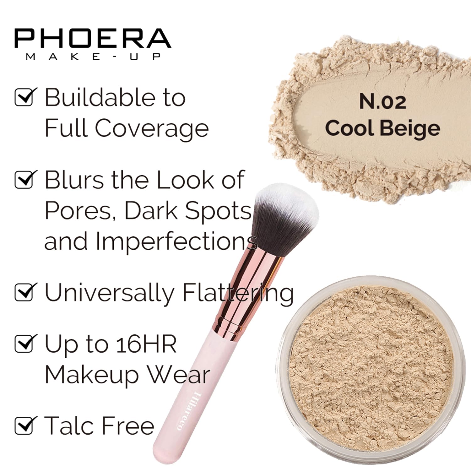 Hilareco Mushroom Head Air Cushion CC Cream #03 Warm Nude + Phoera Powder Set with Sponge & Flat Top Kabuki Brush