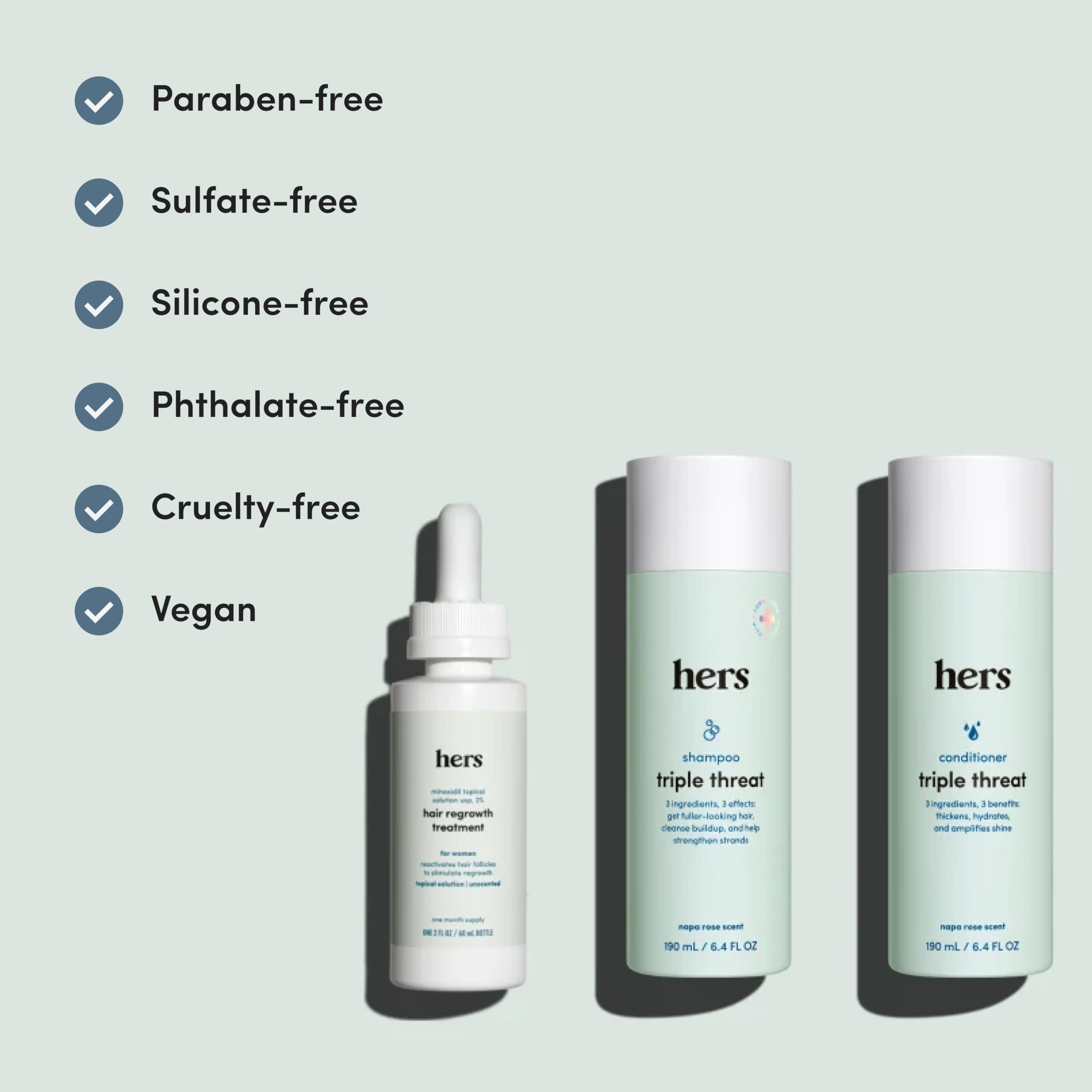 Hims & Hers Triple Threat Shampoo, Conditioner & 2% Minoxidil Set – Color-Safe, Paraben-Free