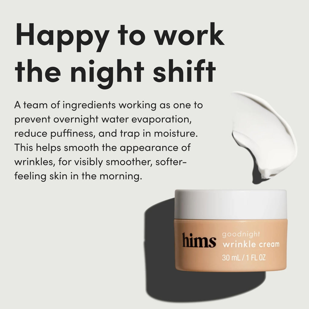 hims goodnight wrinkle cream for men – caffeine, hyaluronic acid, almond scent | vegan & cruelty-free 1oz