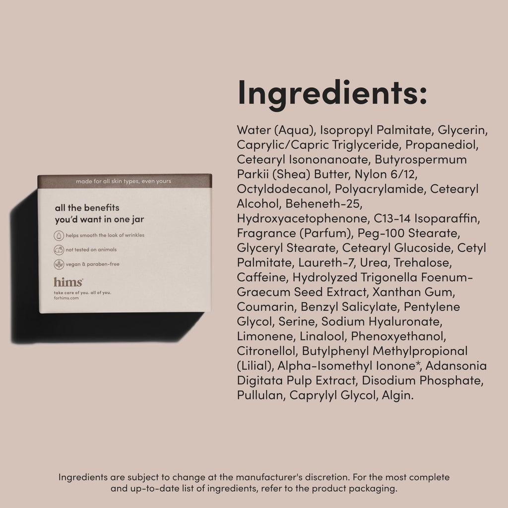 hims goodnight wrinkle cream for men – caffeine, hyaluronic acid, almond scent | vegan & cruelty-free 1oz