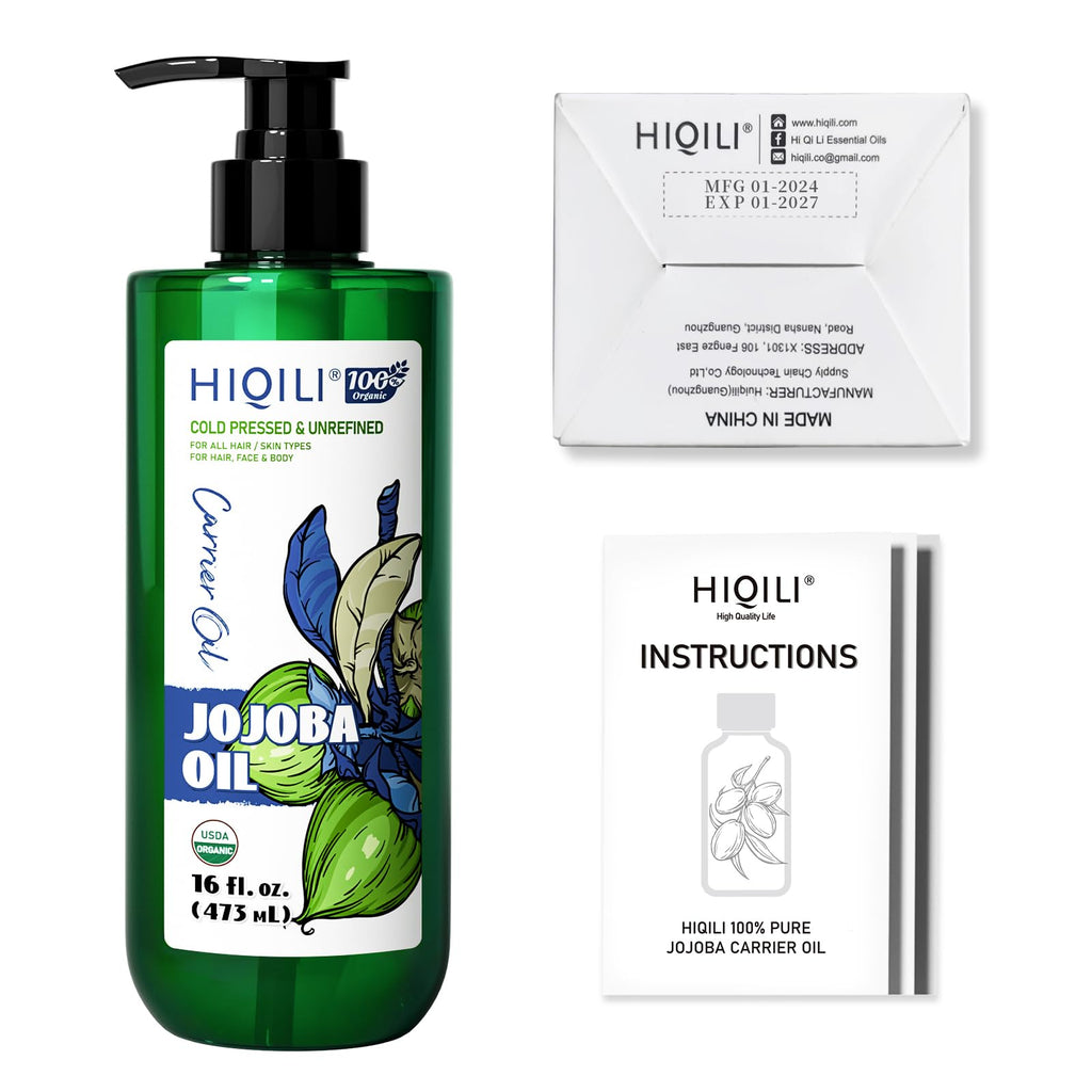 HIQILI Jojoba Oil 473ml – Pure Cold-Pressed Carrier Oil for Hair, Skin, Nails (Roller Bottle Included)
