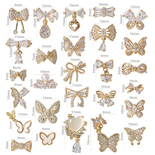 HNUIX Butterfly Nail Charms & Gems — Gold Copper Zircon, 27-Piece Nail Art Jewelry Kit