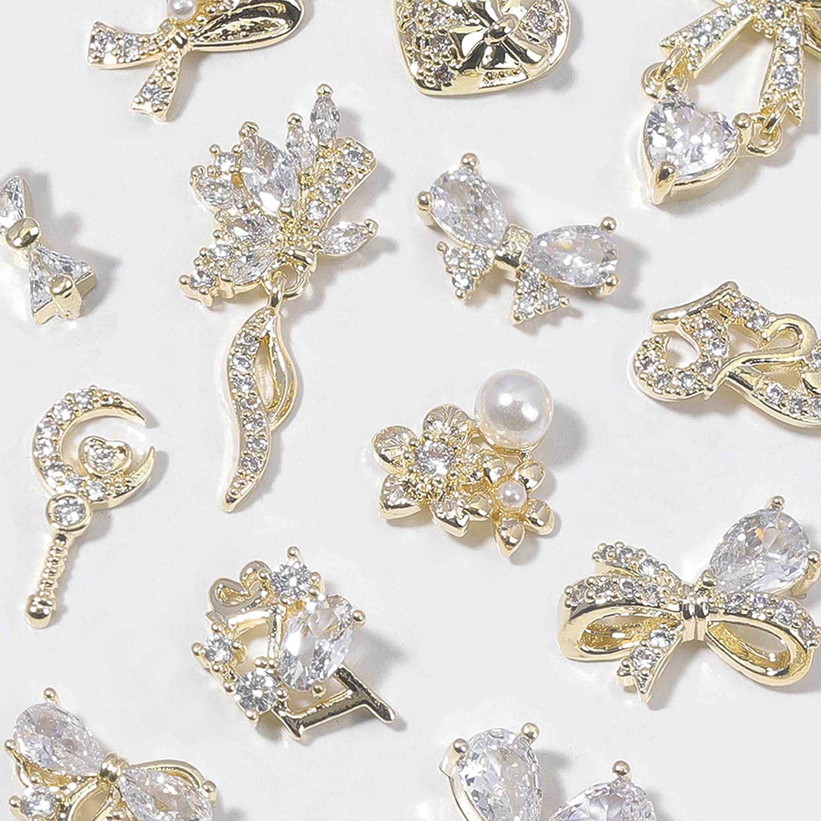 HNUIX Nail Charms & Gems – Gold Copper Zircon 3D Dangles (14 Pieces)