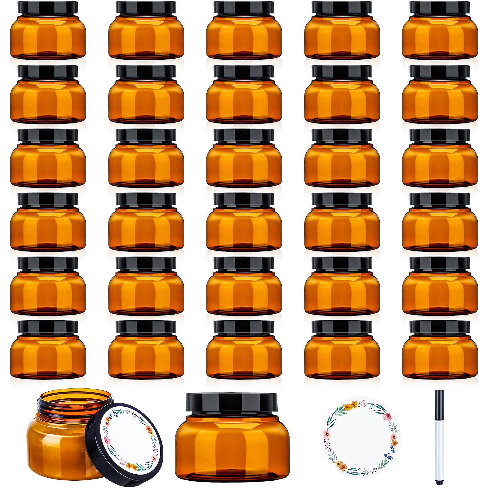 Hoemwarm 32 Pack Amber Jars with Lids – 8 oz Refillable Containers