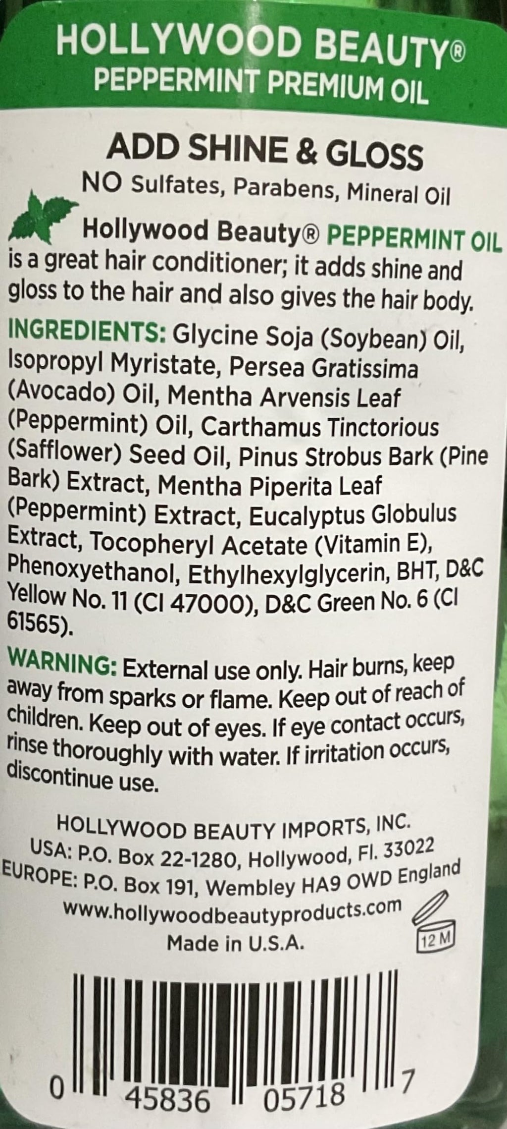 Hollywood Beauty Peppermint Hair Oil (8oz) – Hair & Skin Conditioning with Omega-3, Vitamin A & C