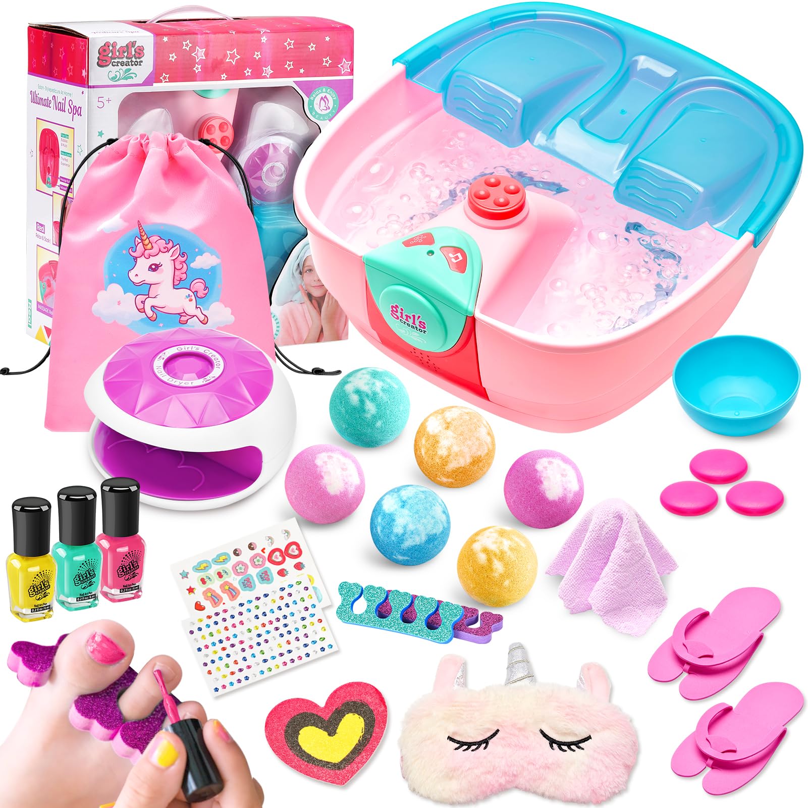 Holycco Kids Spa Day Kit for Girls | Foot Spa with Nail Dryer & Bath Bombs