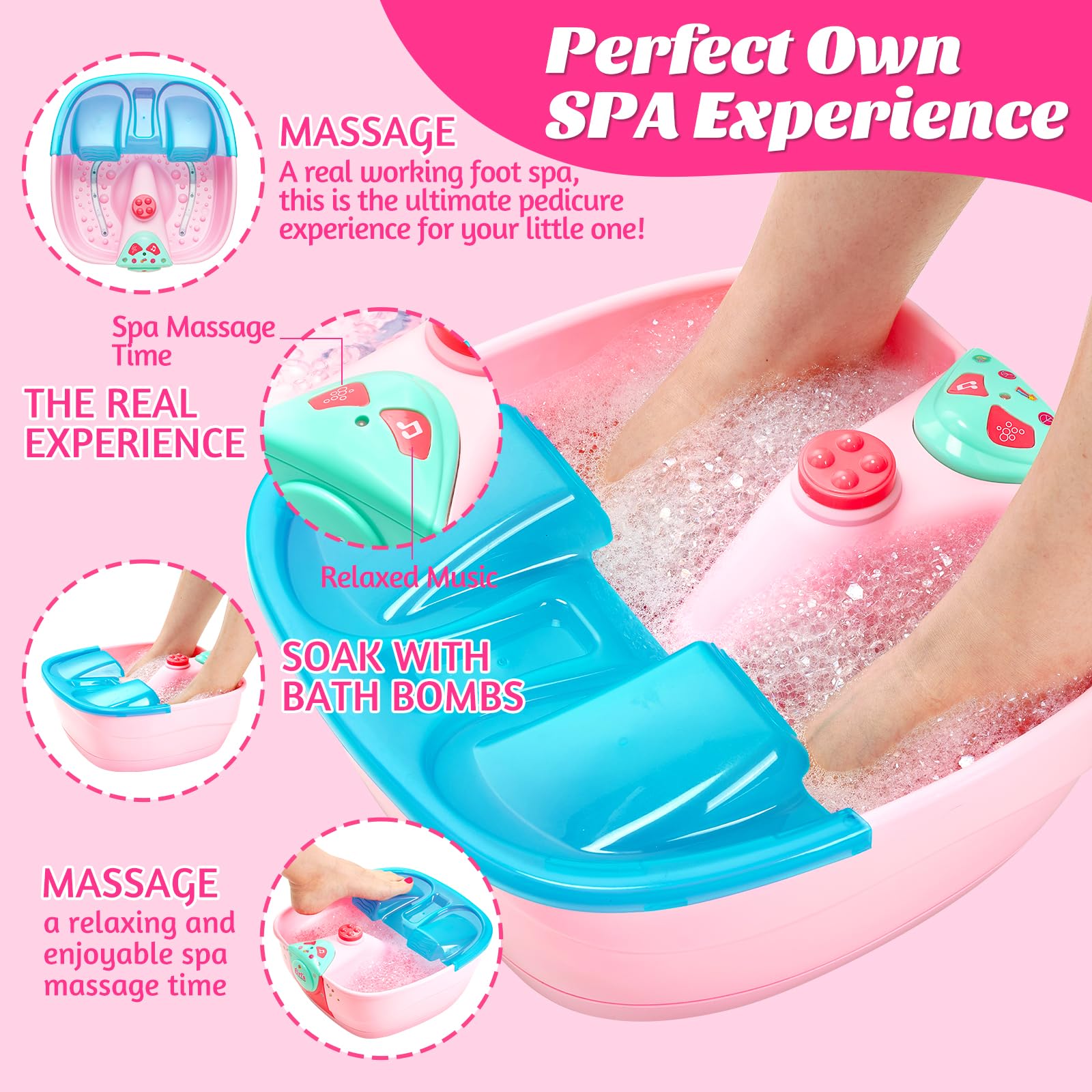 Holycco Kids Spa Day Kit for Girls | Foot Spa with Nail Dryer & Bath Bombs