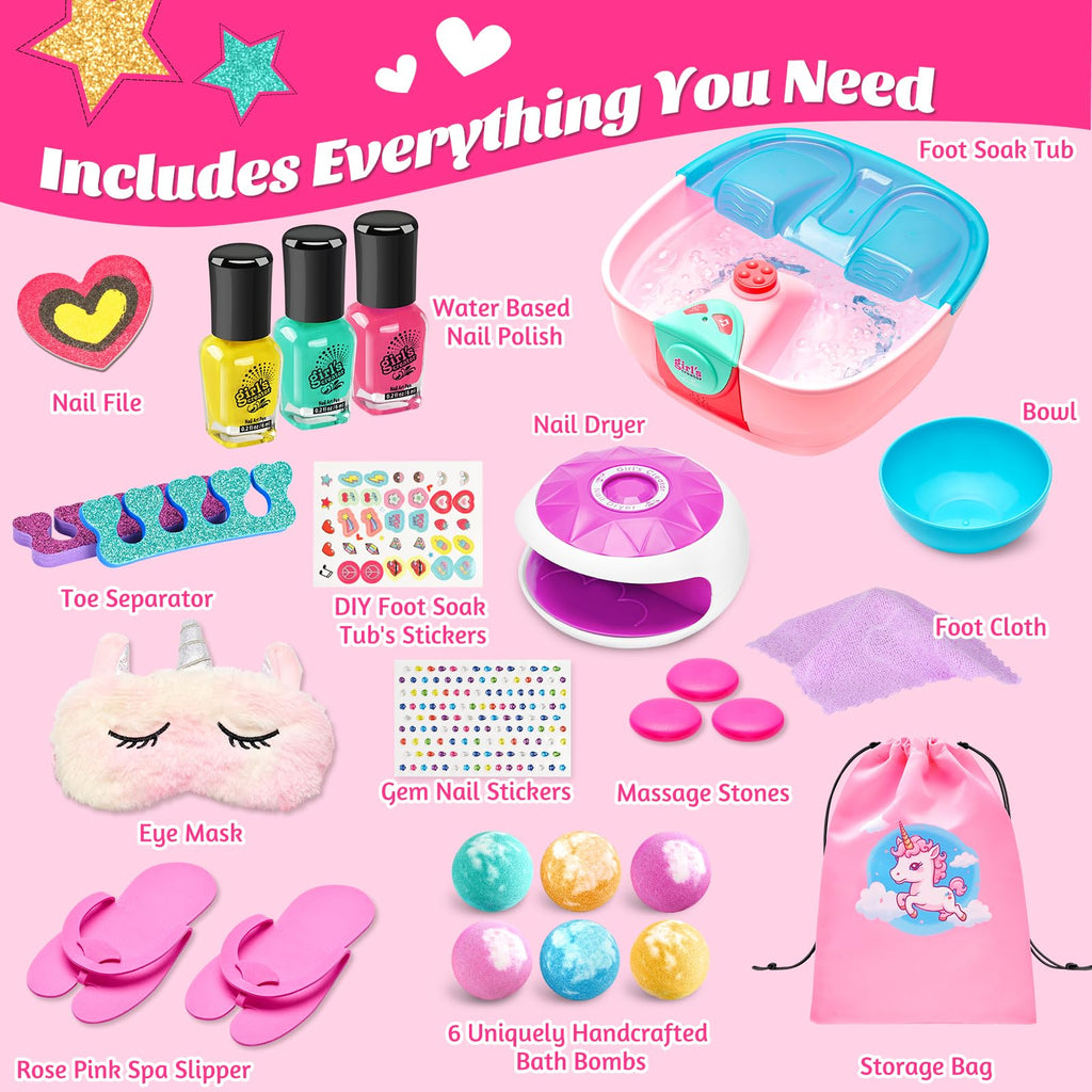 Holycco Kids Spa Day Kit for Girls | Foot Spa with Nail Dryer & Bath Bombs