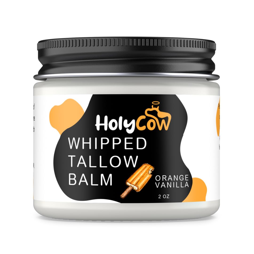 HolyCow Beef Tallow for Skin – Whipped Balm with Organic Jojoba Oil (Orange Vanilla) | Grass-Fed Face Moisturizer