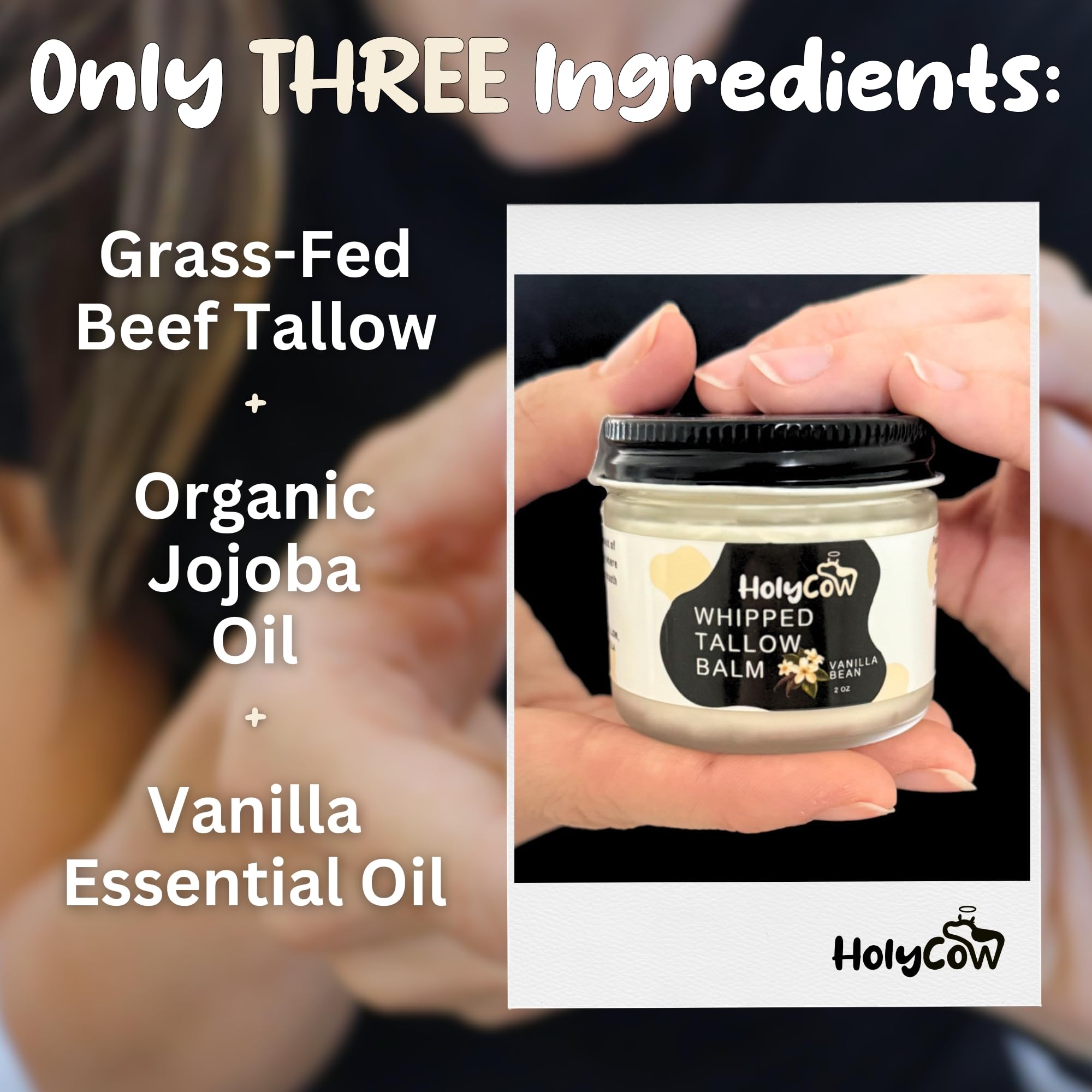 HolyCow Beef Tallow For Skin – Whipped Balm with Organic Jojoba Oil | Face & Body Moisturizer
