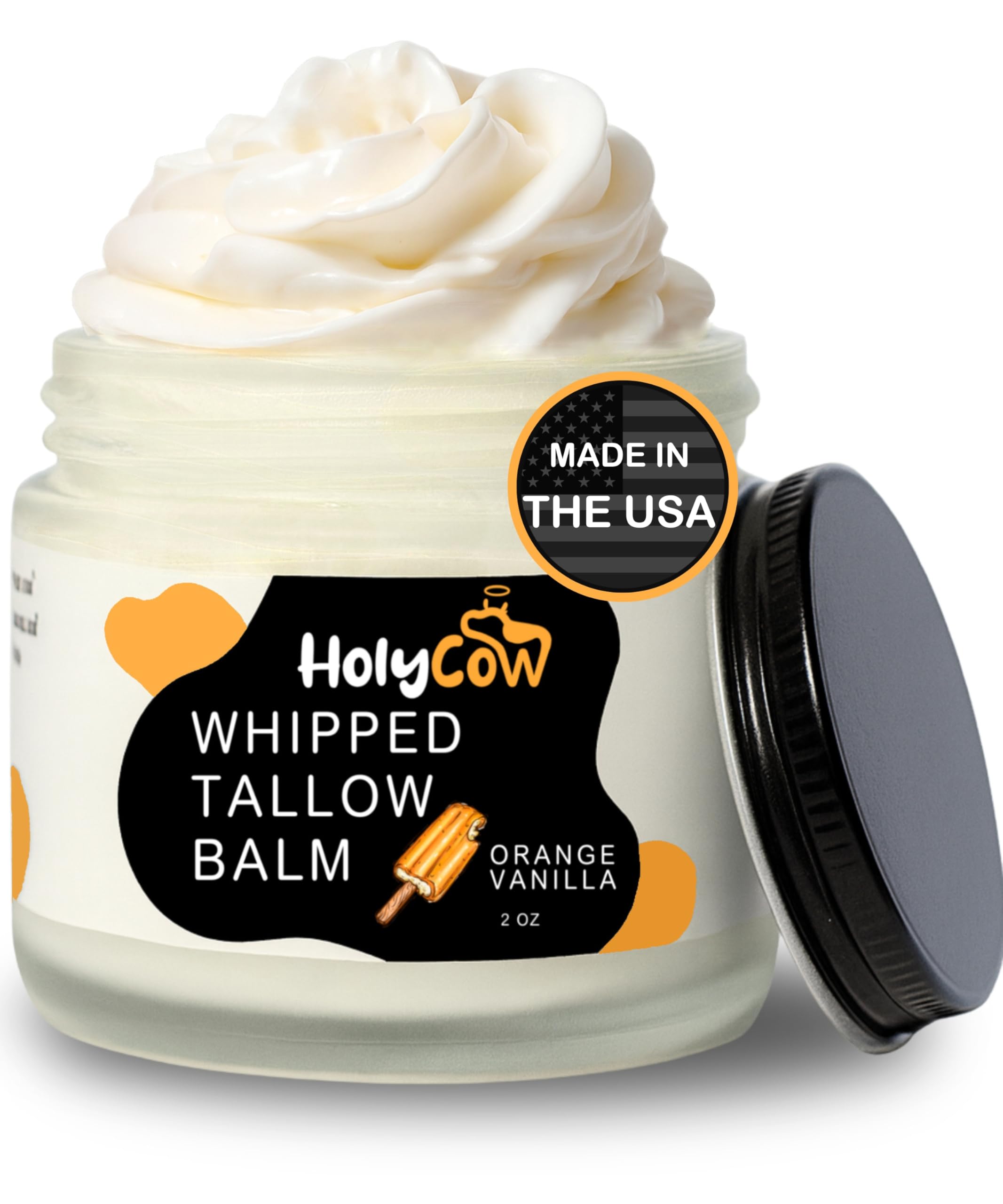 HolyCow Beef Tallow for Skin – Whipped Balm with Organic Jojoba Oil (Orange Vanilla) | Grass-Fed Face Moisturizer