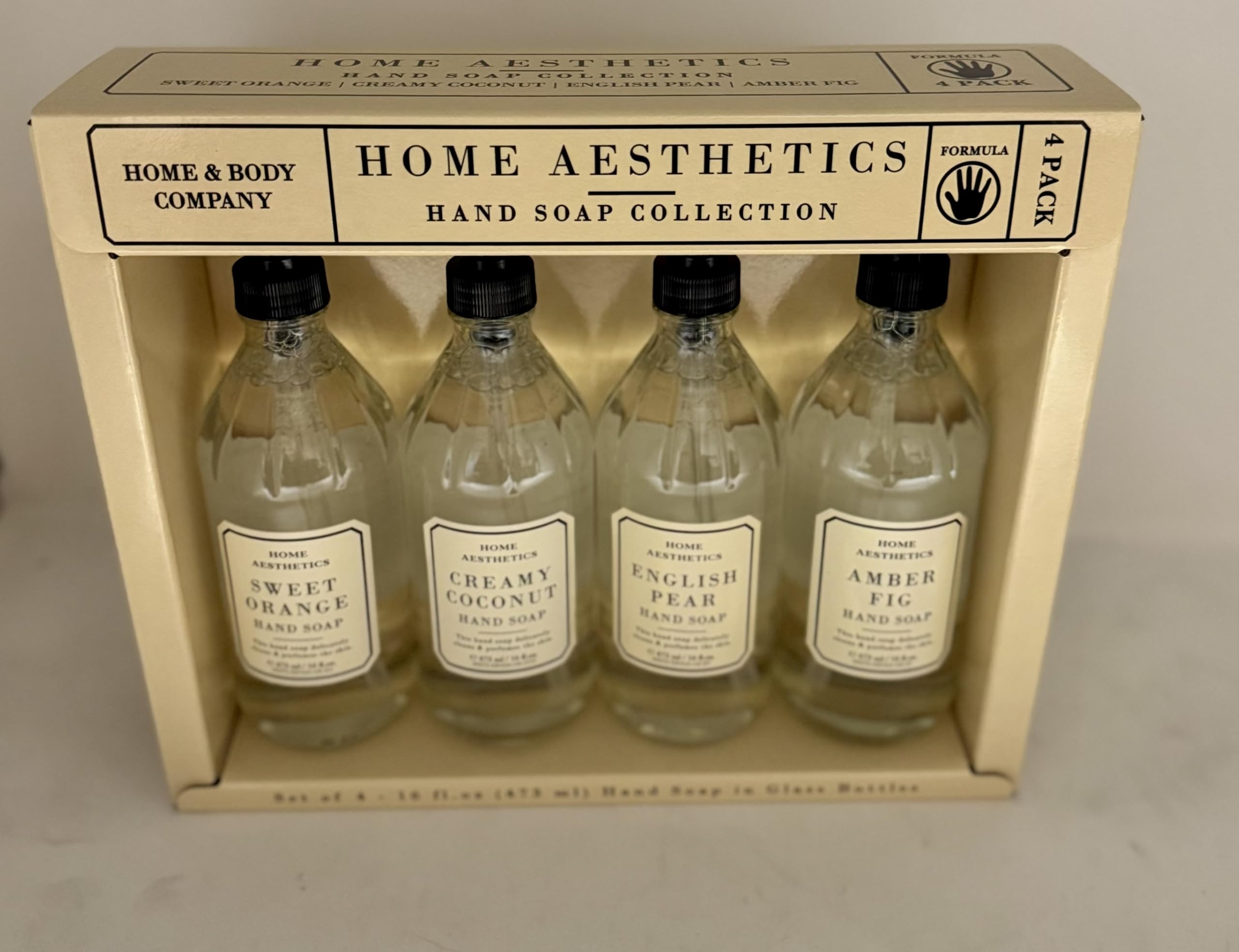 Home and Body Company Hand Wash Set of 4 – Ultra Moisturizing Formula in Glass Bottles | Sweet Orange, Creamy Coconut, English Pear, Amber Fig