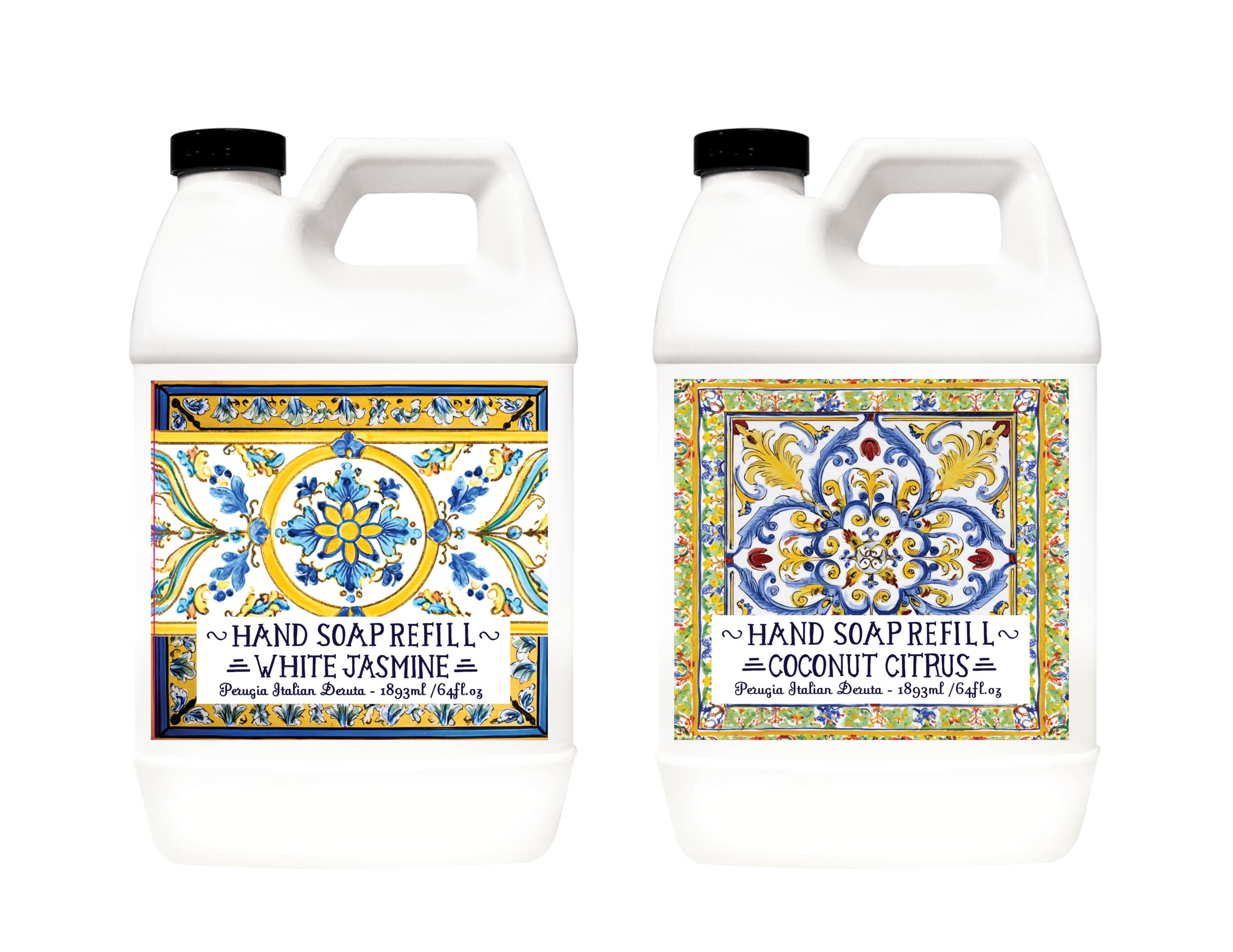 Home & Body Company Perugia Italian Deruta Hand Soap Refill Set – White Jasmine & Coconut Citrus, 64oz Bottles, 2-Pack
