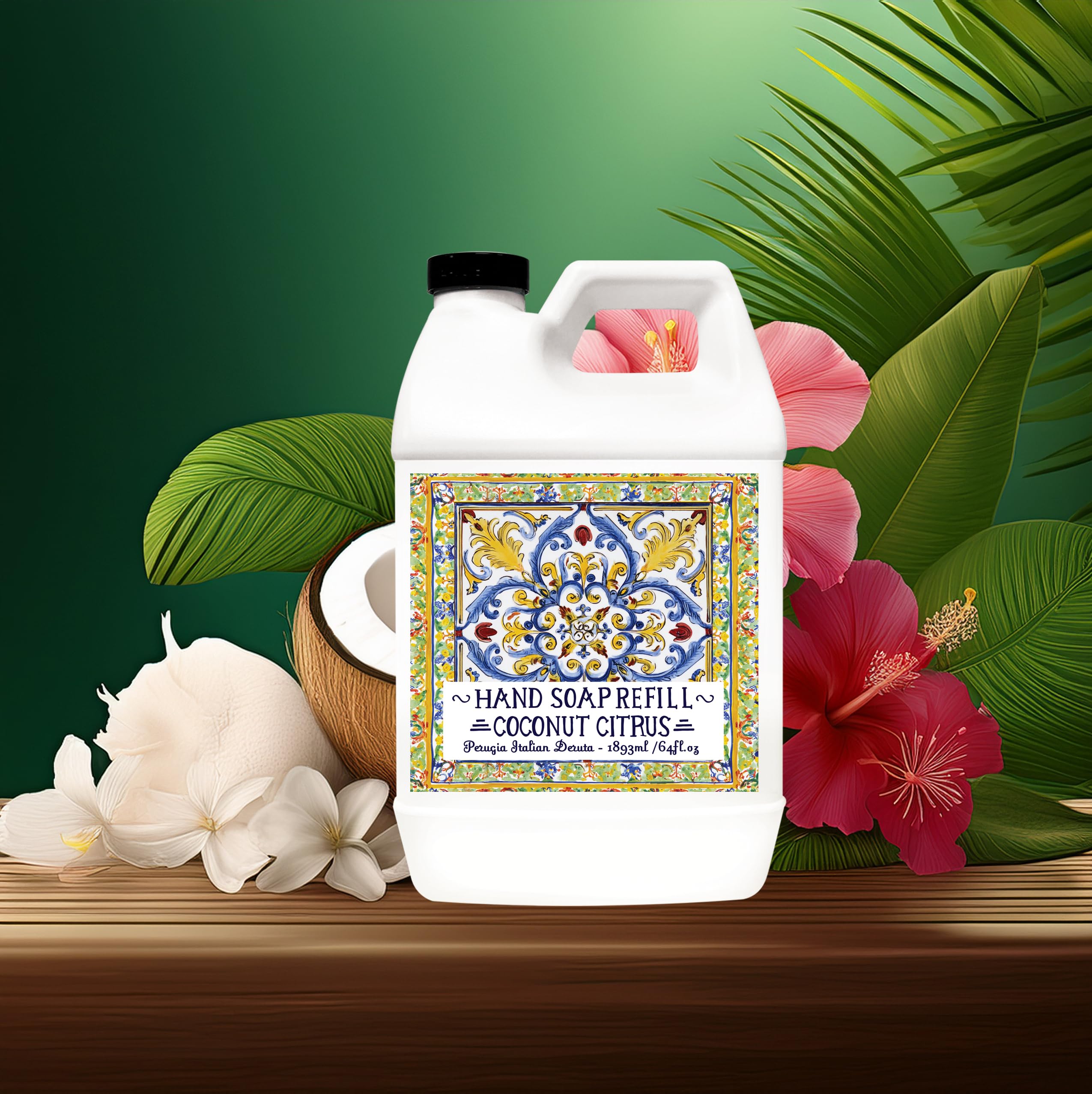 Home & Body Company Perugia Italian Deruta Hand Soap Refill Set – White Jasmine & Coconut Citrus, 64oz Bottles, 2-Pack