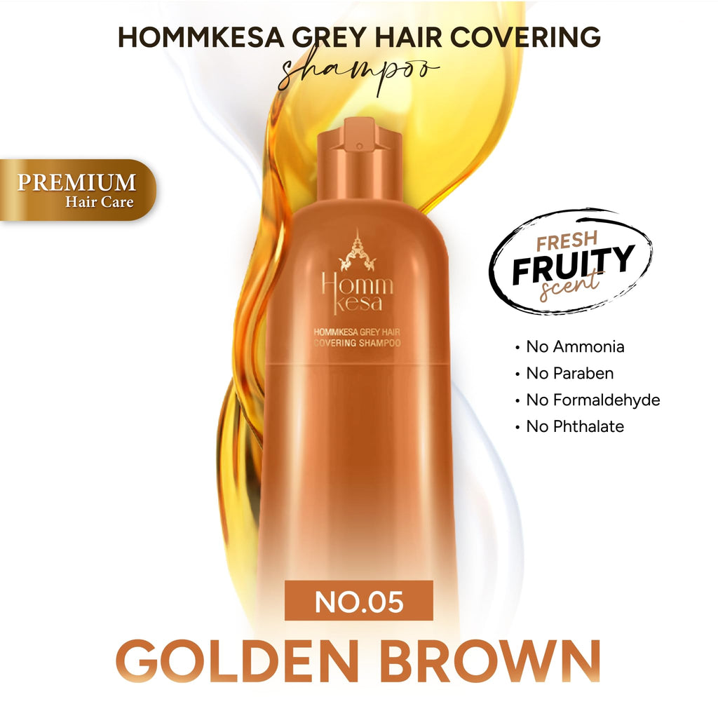 Hommkesa Grey Hair Coverage Shampoo – Gentle Keratin Formula, Thai Fruit Scent, Golden Brown (300ml)