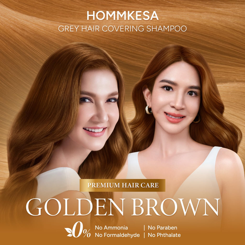 Hommkesa Grey Hair Coverage Shampoo – Gentle Keratin Formula, Thai Fruit Scent, Golden Brown (300ml)