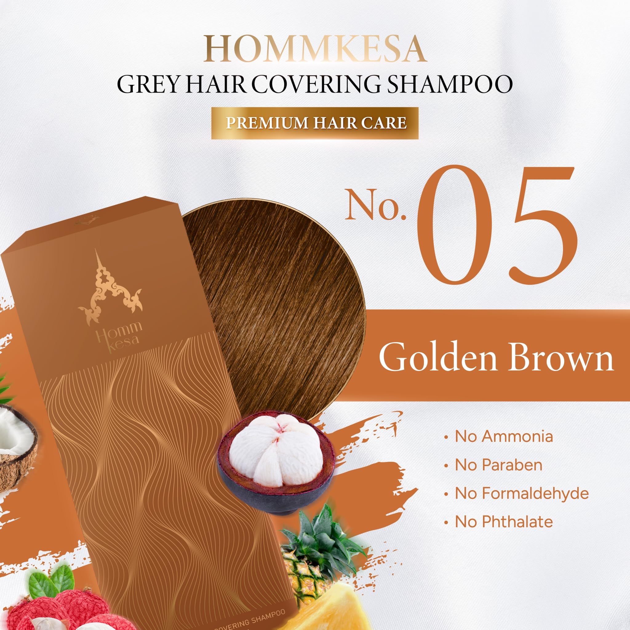 Hommkesa Grey Hair Coverage Shampoo – Gentle Keratin Formula, Thai Fruit Scent, Golden Brown (300ml)