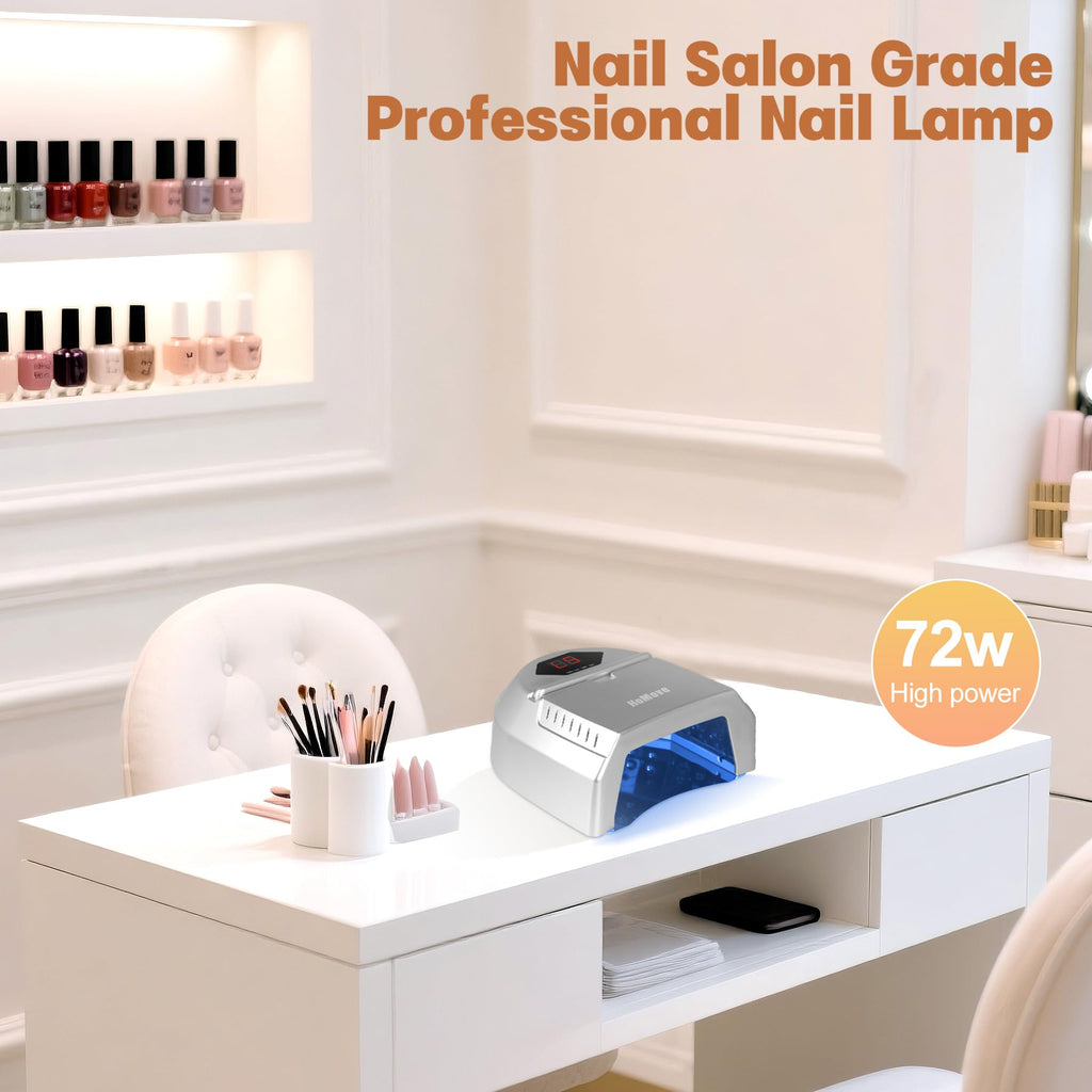 HoMove 72W Cordless UV LED Nail Lamp with Fan — Pro Gel Curing for Salon and Home (Silver)