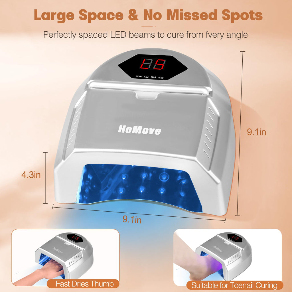HoMove 72W Cordless UV LED Nail Lamp with Fan — Pro Gel Curing for Salon and Home (Silver)