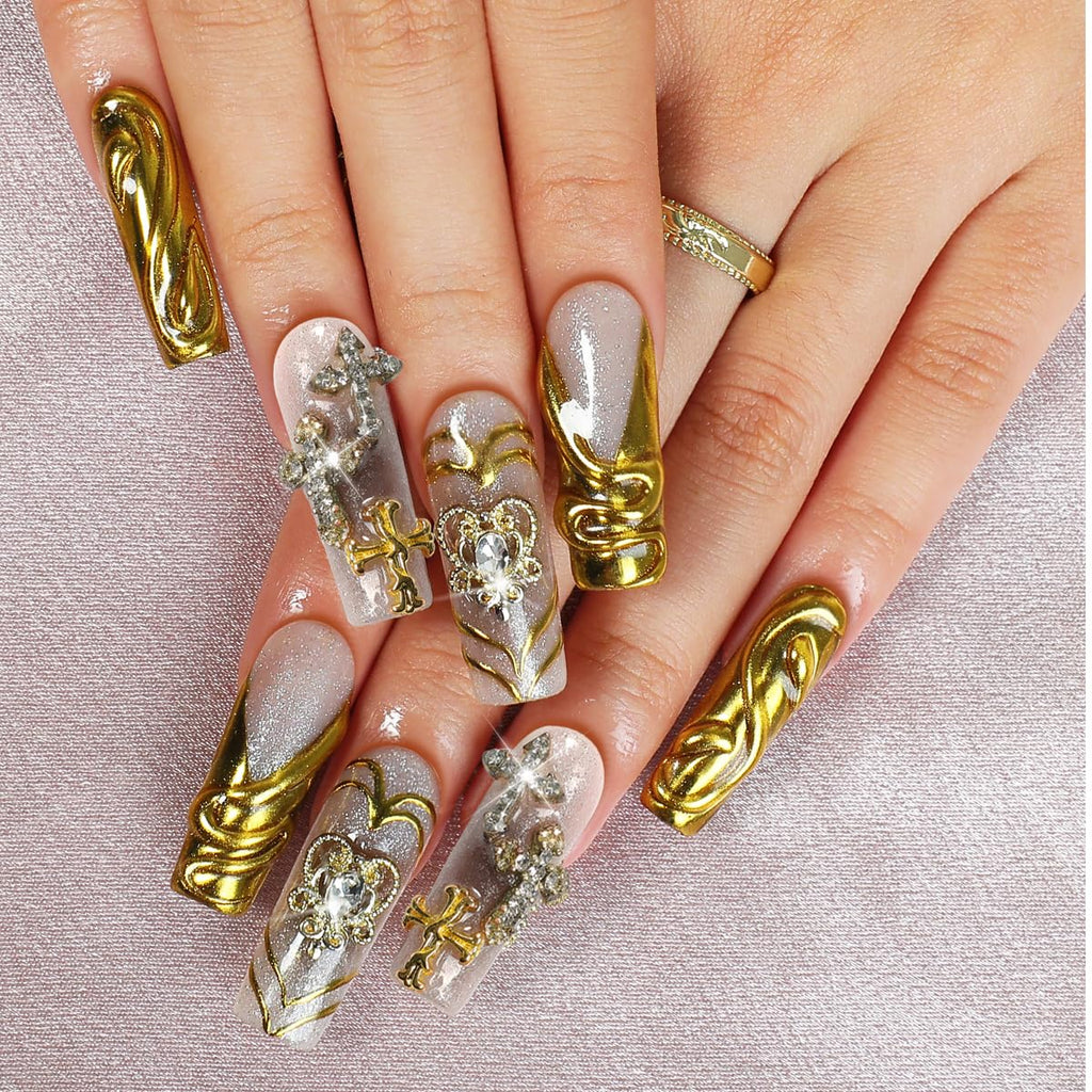 Homsera Handmade XL Press-On Nails | Magic Mirror Gold French Tips with 3D Cross Heart Charms
