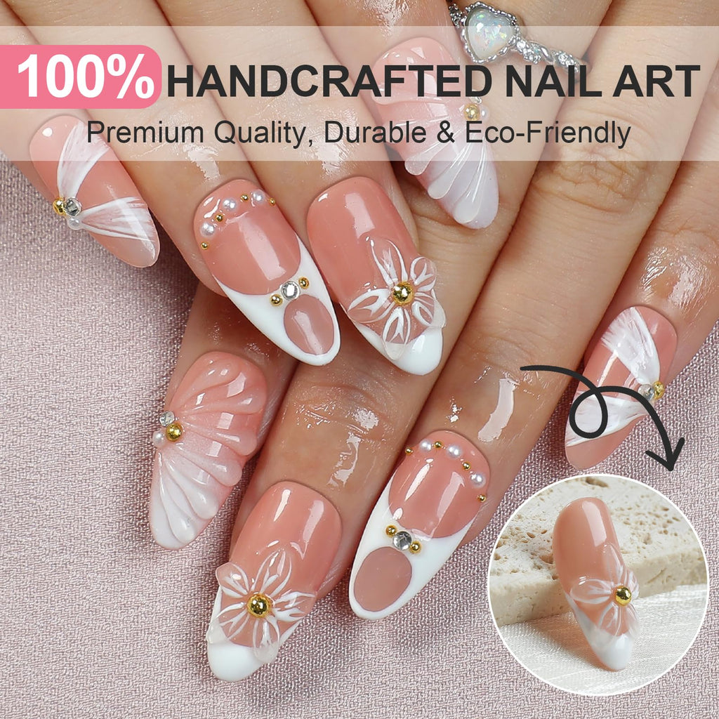 Homsera Handmade French Tips Press On Nails – Almond, 3D Flowers & Rhinestones