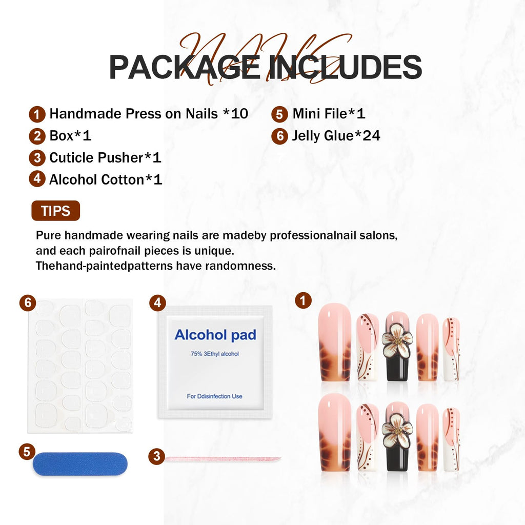 Homsera Ethereal Blossom Square Press-On Nails – Watercolor Marble Base with 3D Floral Embellishment