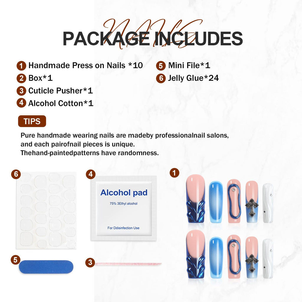 Homsera Blue Handmade XL Square Press-On Nails – 3D Cross & Circle Decor, Reusable Full-Cover Tips