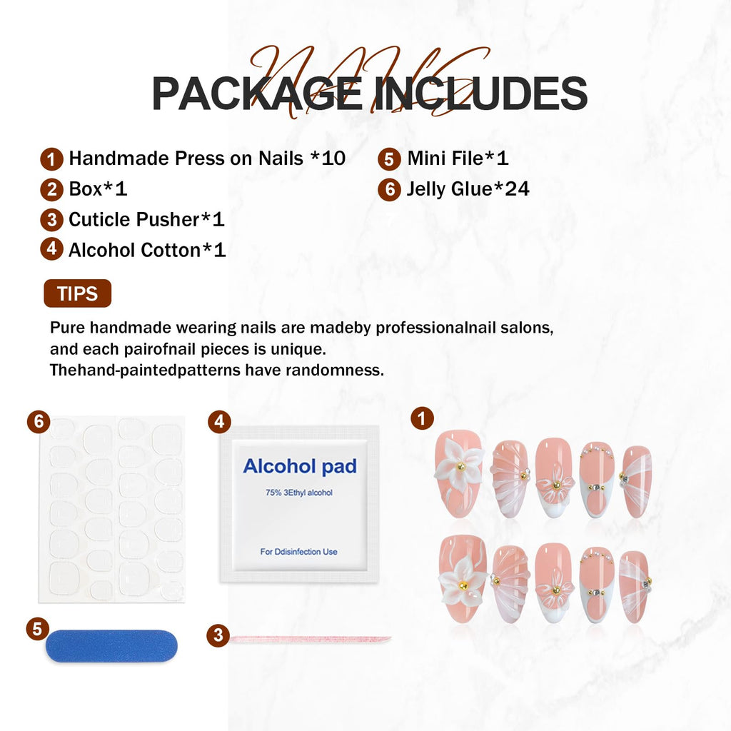 Homsera Handmade French Tips Press On Nails – Almond, 3D Flowers & Rhinestones