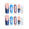 Homsera Blue Handmade XL Long Square Press-On Nails with 3D Cross & Circle Decor – Reusable Full-Cover Acrylic Nails