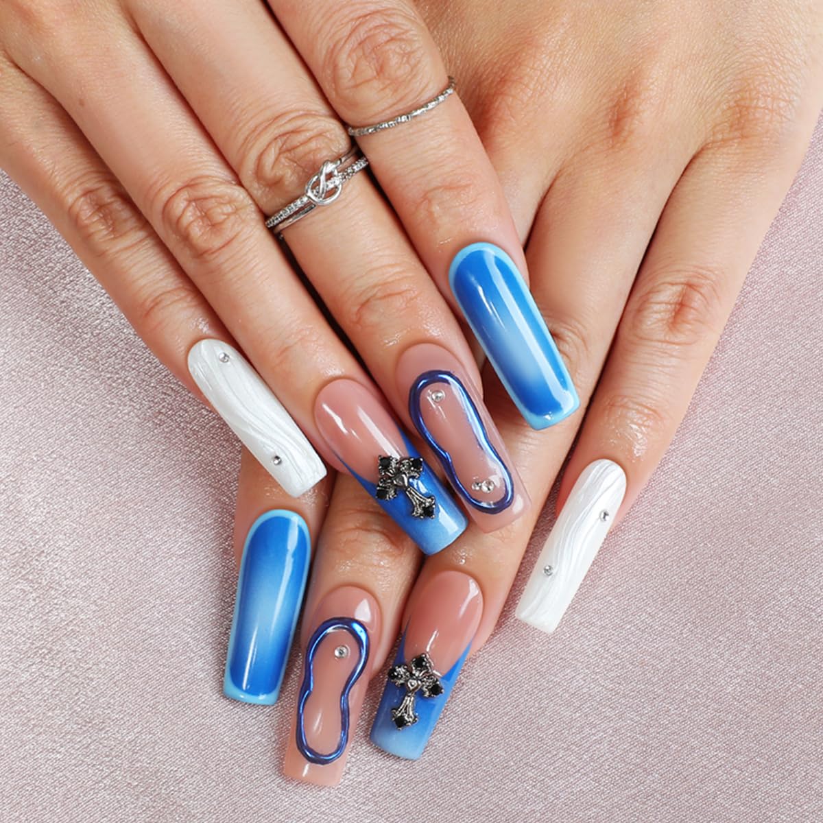 Homsera Blue Handmade XL Square Press-On Nails – 3D Cross & Circle Decor, Reusable Full-Cover Tips