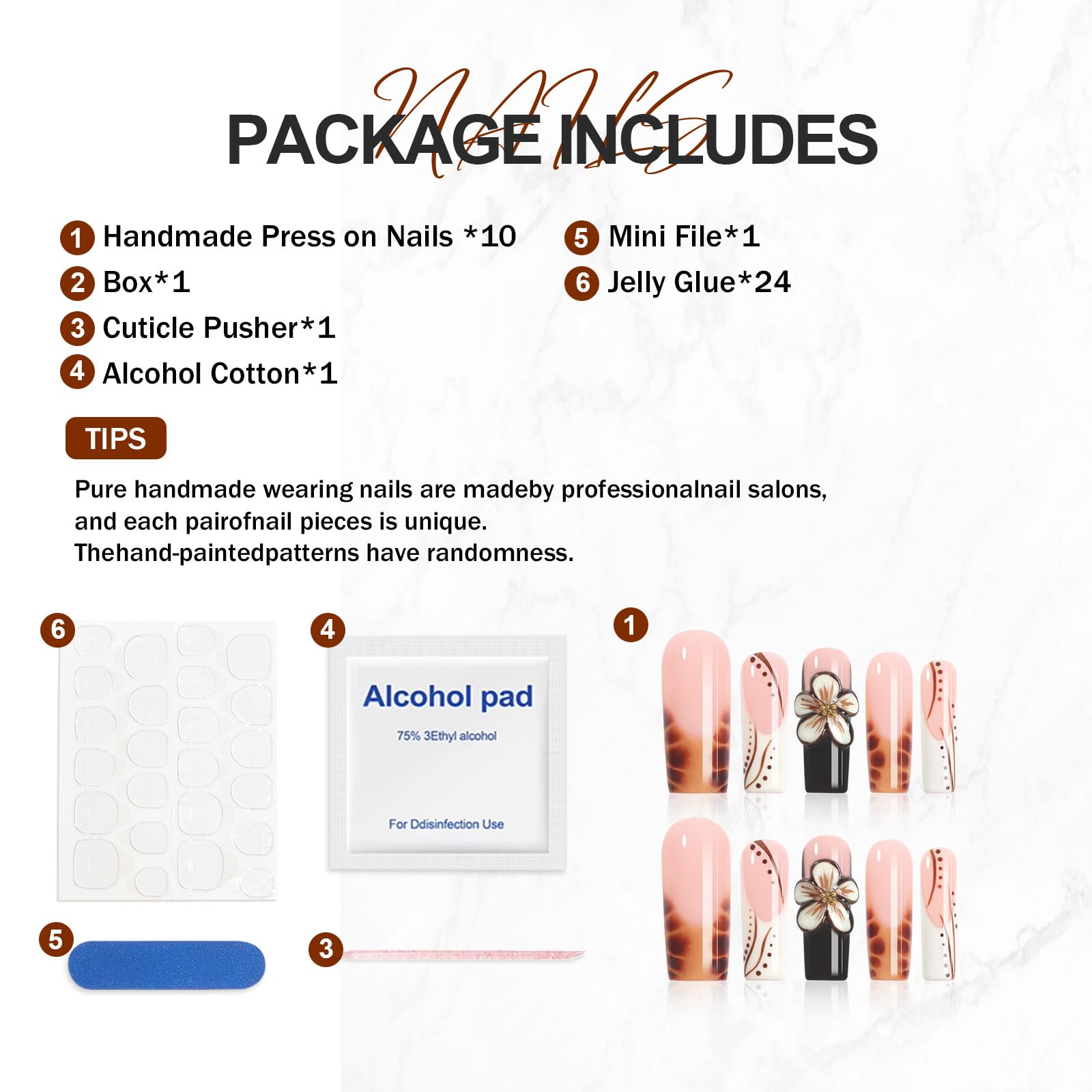 Homsera Ethereal Blossom Square Press-On Nails – Watercolor Marble & 3D Floral Embellishment