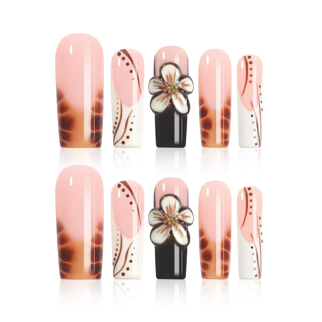 Homsera Ethereal Blossom Square Press-On Nails – Watercolor Marble & 3D Floral Embellishment