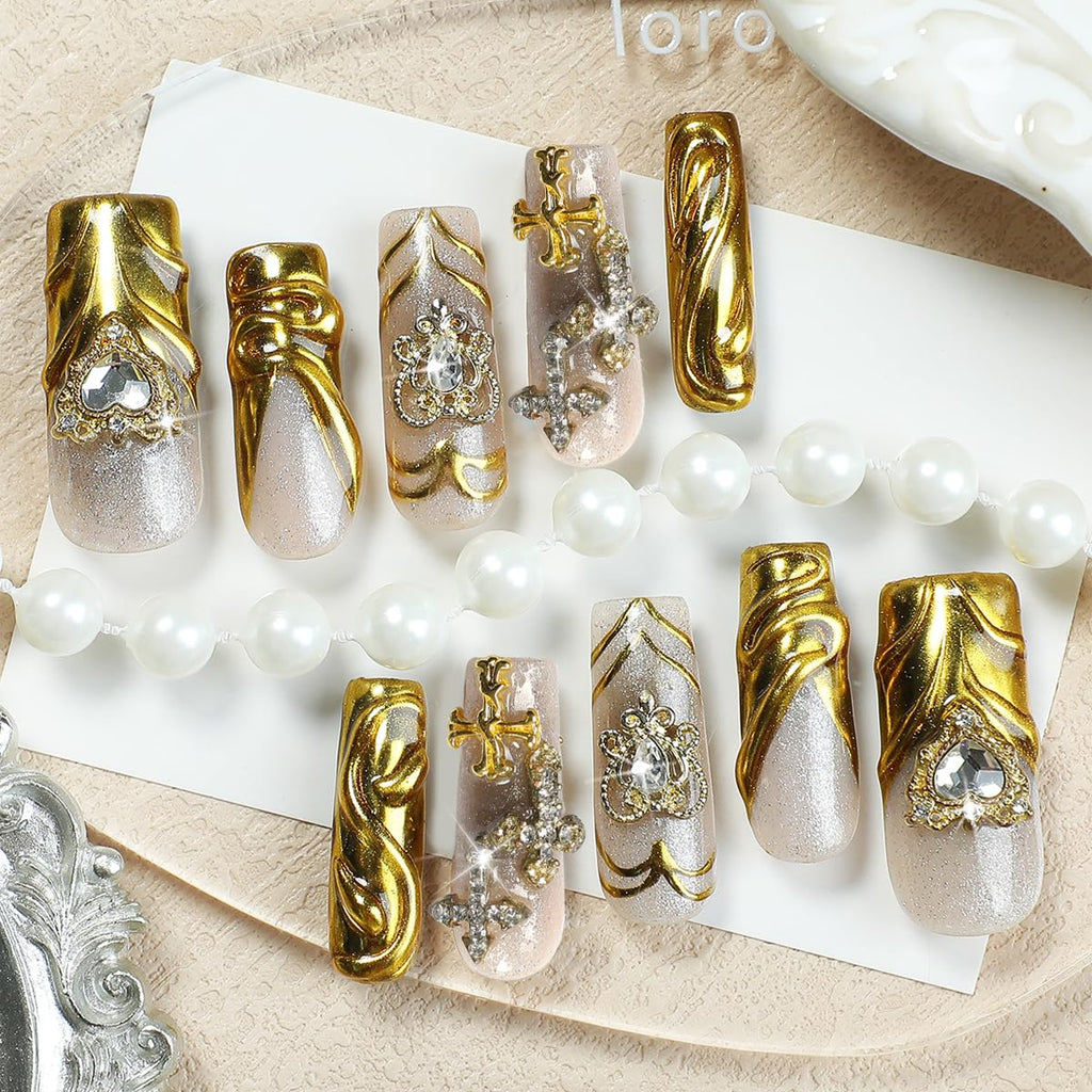 Homsera Handmade XL Press-On Nails | Magic Mirror Gold French Tips with 3D Cross Heart Charms
