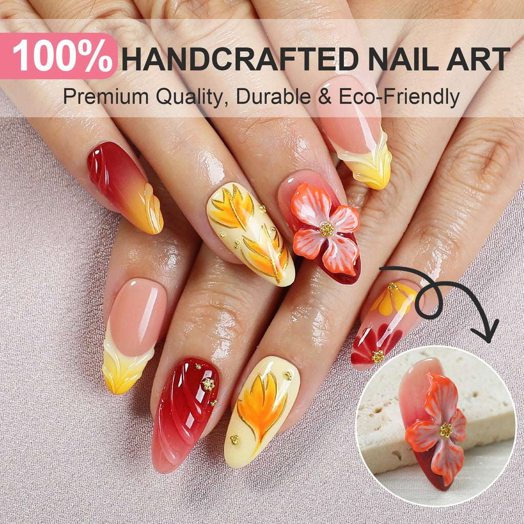 Homsera Handmade Press On Nails Almond – 3D Maple Leaf Flowers, French Tips, Short, Reusable 10‑Piece Kit