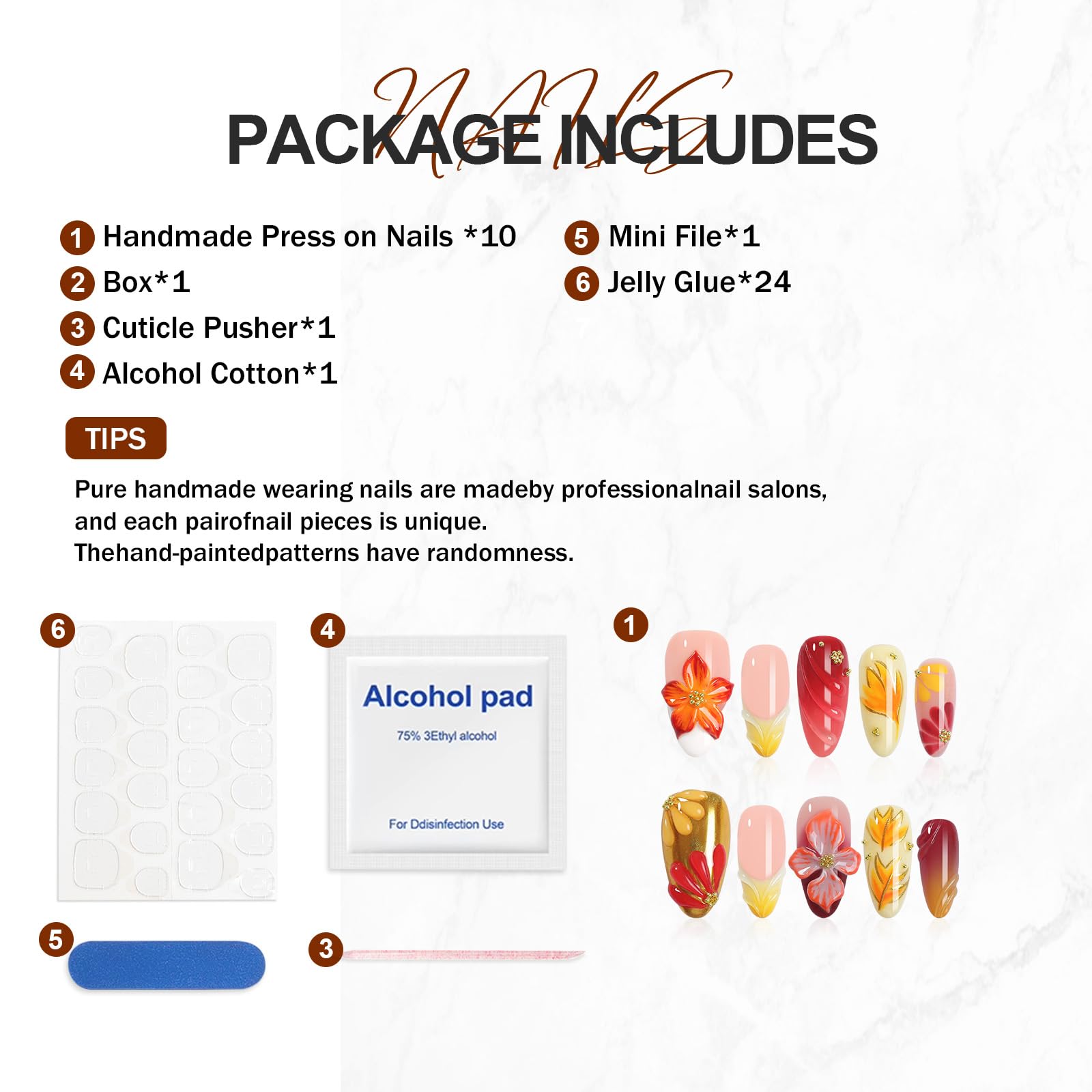 Homsera Handmade Press On Nails Almond – 3D Maple Leaf Flowers, French Tips, Short, Reusable 10‑Piece Kit