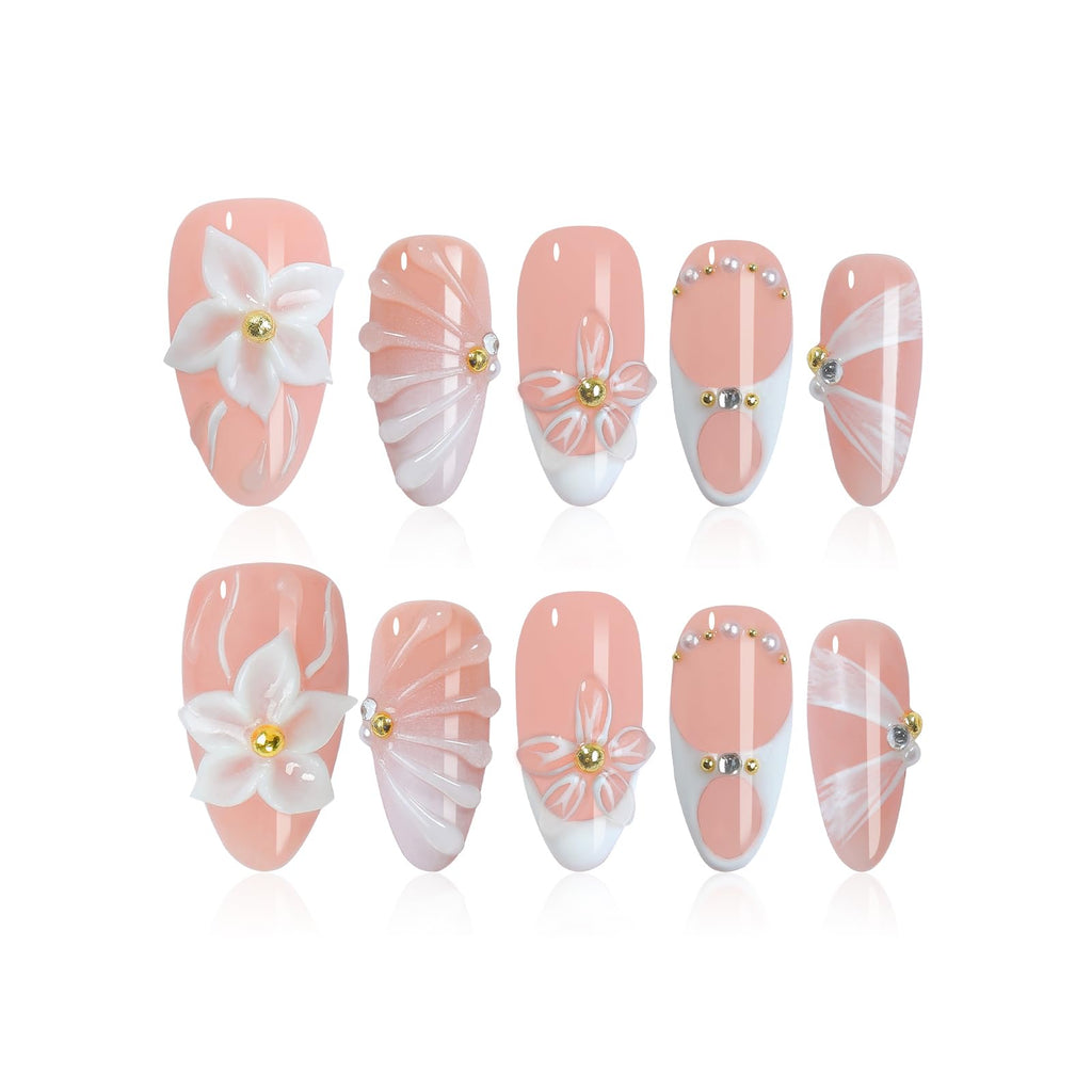 Homsera Handmade French Tips Press On Nails – Almond, 3D Flowers & Rhinestones