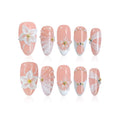 Homsera Handmade French Tips Press On Nails – Almond, 3D Flowers & Rhinestones