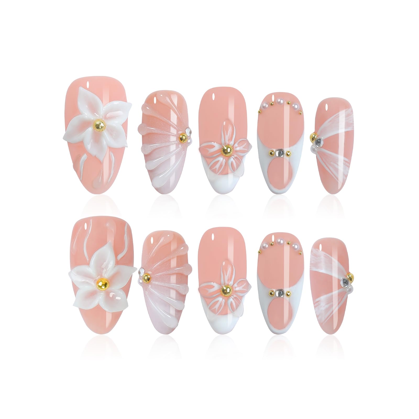 Homsera Handmade French Tips Press On Nails – Almond, 3D Flowers & Rhinestones