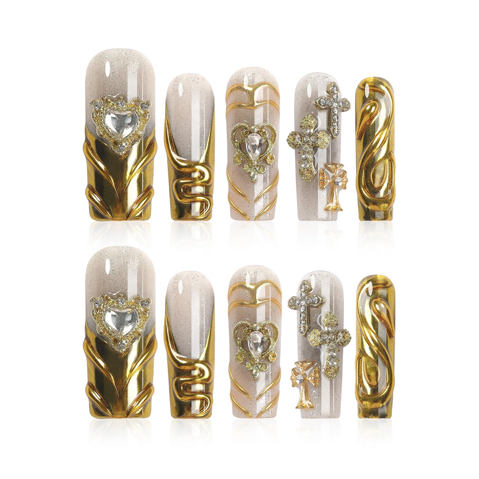 Homsera Handmade XL Press-On Nails | Magic Mirror Gold French Tips with 3D Cross Heart Charms
