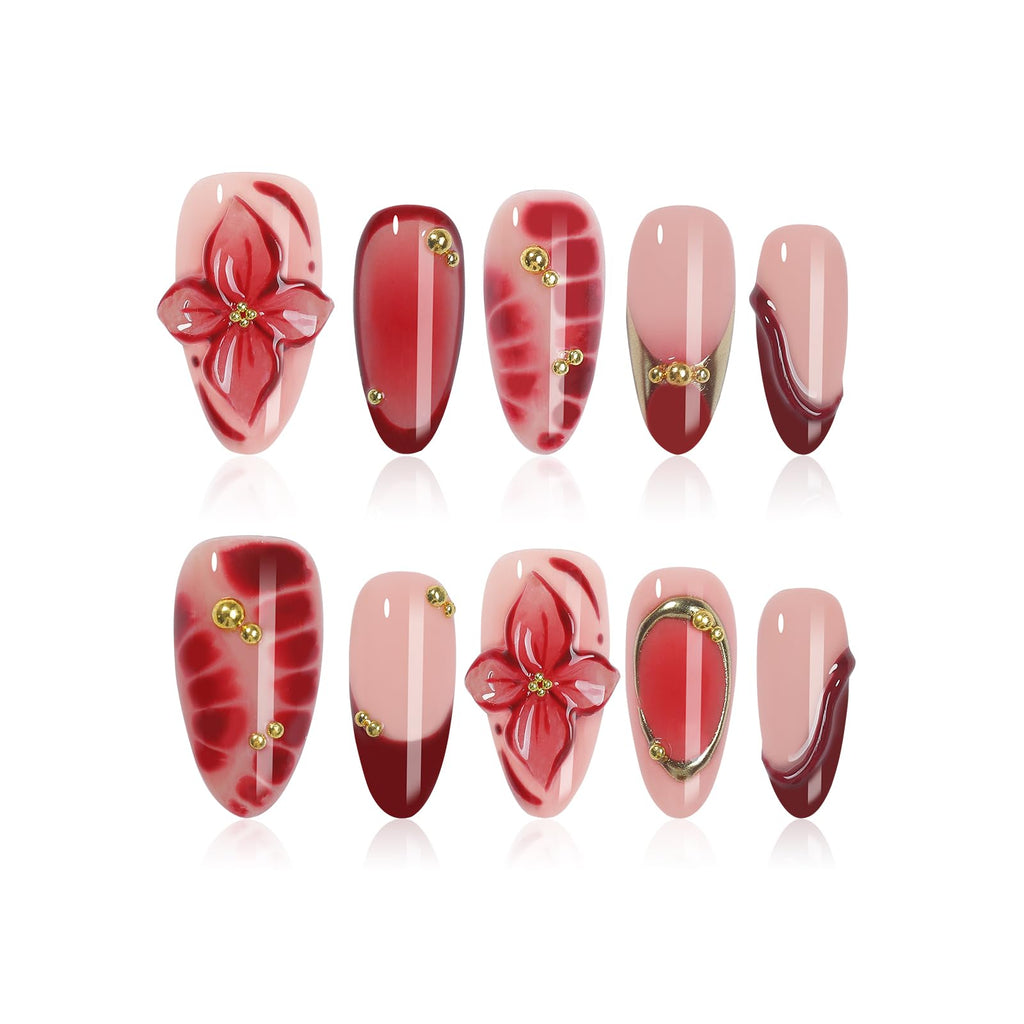 Homsera Handmade Press On Nails Almond – Luxury 3D Flowers & Rhinestones, Reusable, Salon-Quality, 10 Pcs