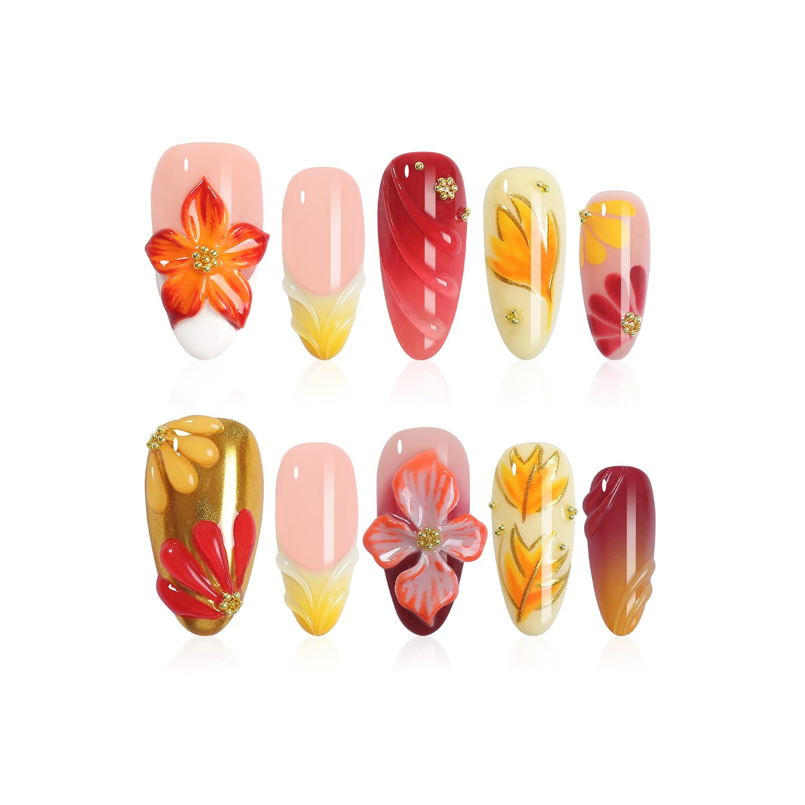 Homsera Handmade Press On Nails Almond – 3D Maple Leaf Flowers, French Tips, Short, Reusable & Salon-Quality 10pc Kit