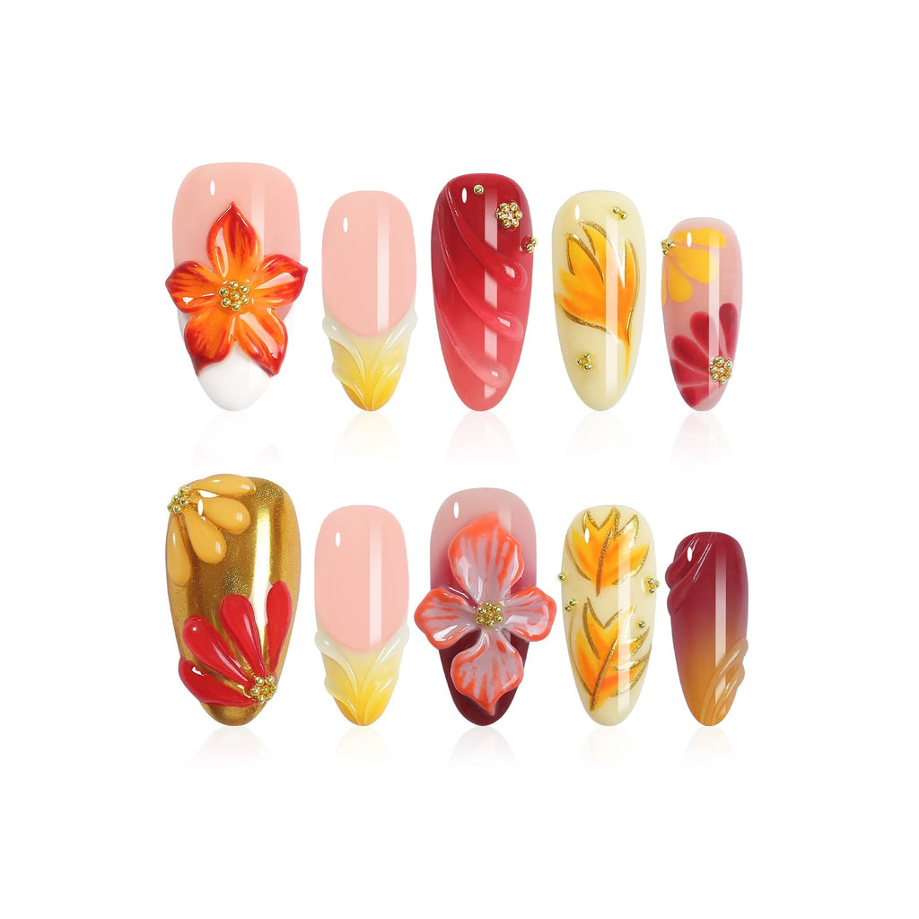 Homsera Handmade Press On Nails Almond – 3D Maple Leaf Flowers, French Tips, Short, Reusable 10‑Piece Kit