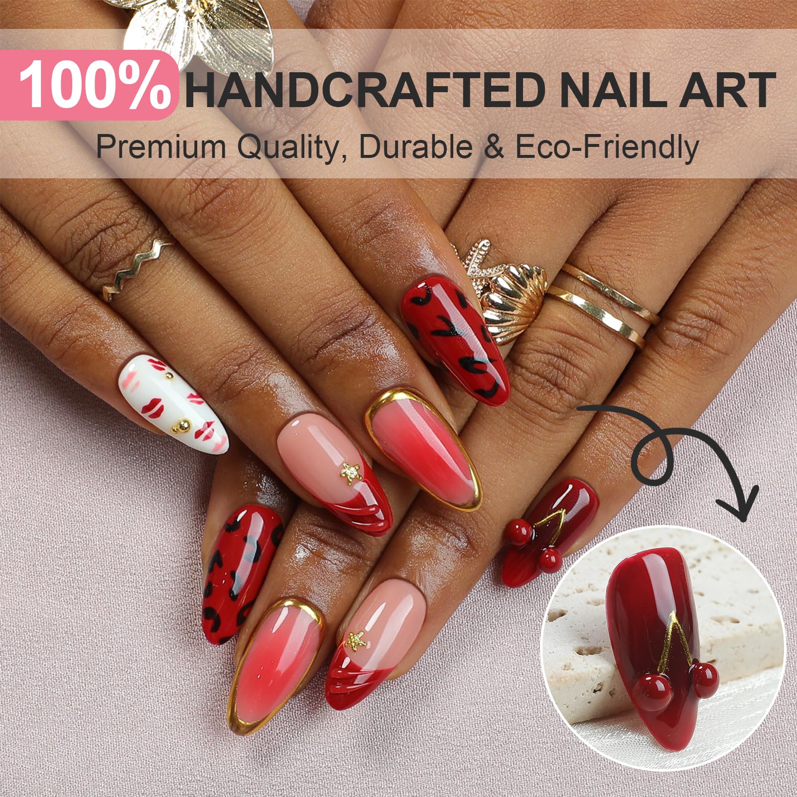 Homsera Handmade Press On Nails – Almond Shape, Valentine’s Day 3D Cherry & Hickey, Luxury French Tips, Reusable, 10pcs