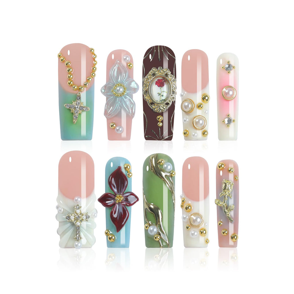 Homsera Lustrous Blossom Press-On Nails | 3D Floral & Pearlescent Orbs