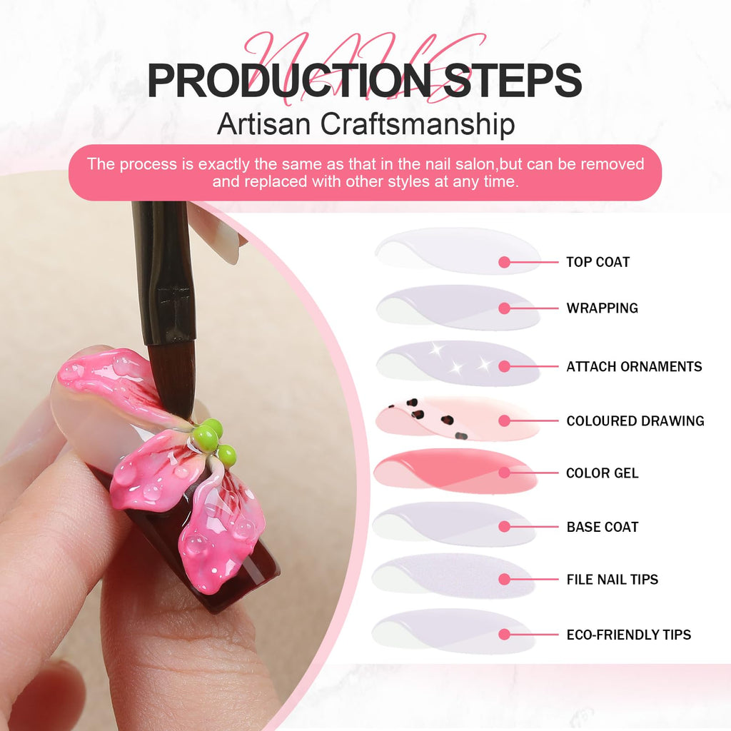 Homsera Lustrous Blossom Press-On Nails | 3D Floral & Pearlescent Orbs