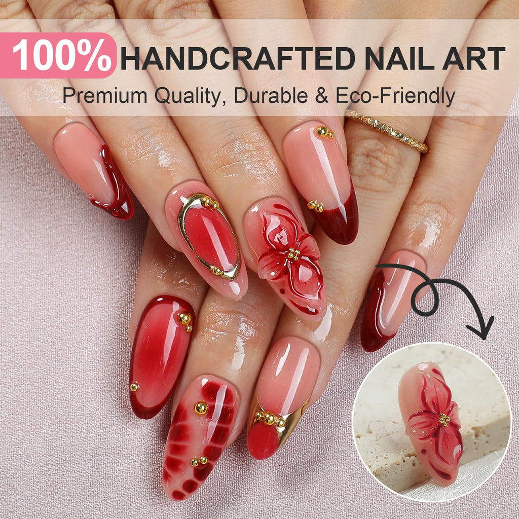 Homsera Handmade Almond Press-On Nails – 3D Flowers & Rhinestones, Short, Reusable, Salon-Quality (10 Pcs)